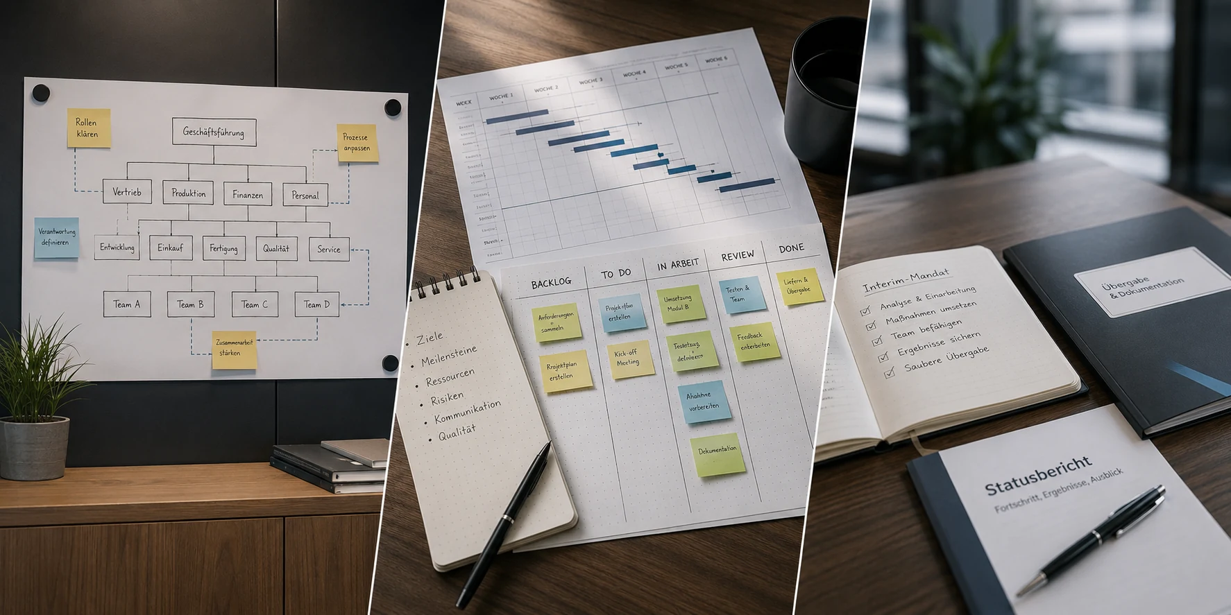 Organigramm mit Bereichen und Teams am Whiteboard, Projektplan mit Gantt-Diagramm und Kanban-Board sowie Interim-Mandat und Statusbericht auf dem Schreibtisch