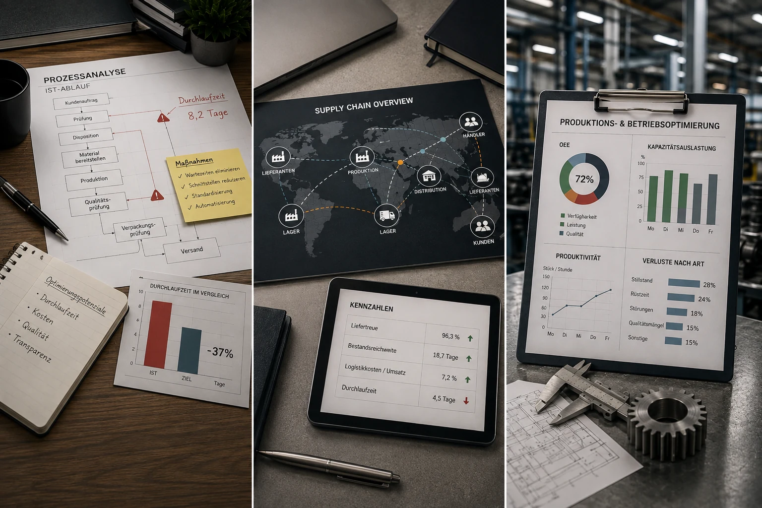 Prozessanalyse des Ist-Ablaufs mit Durchlaufzeit-Vergleich, Supply-Chain-Übersicht mit Kennzahlen auf dem Tablet sowie Auswertung zur Produktions- und Betriebsoptimierung in der Fertigung