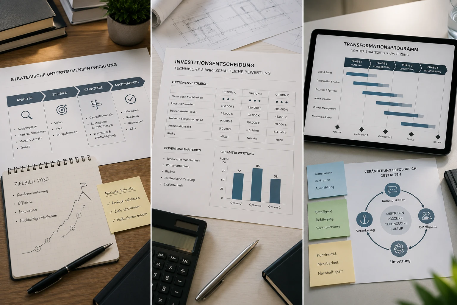 Vorgehen der strategischen Unternehmensentwicklung von der Analyse bis zu Maßnahmen, Optionenvergleich einer Investitionsentscheidung sowie Transformationsprogramm mit Phasenplan auf dem Tablet