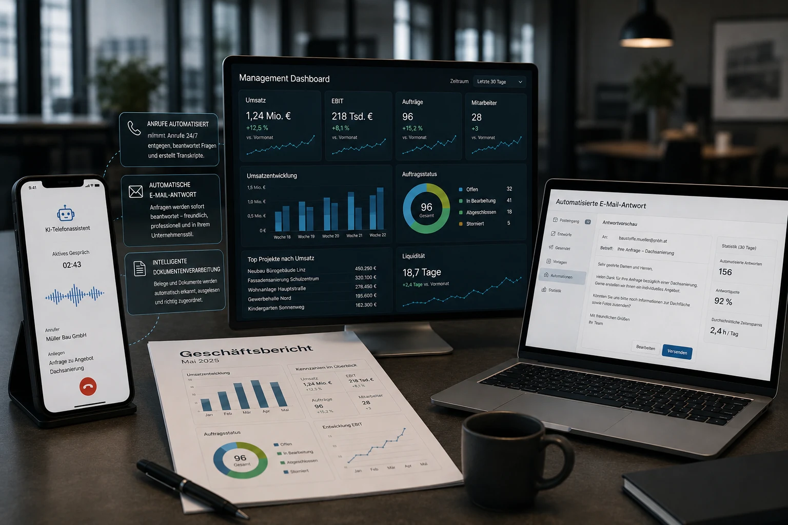 Arbeitsplatz mit Management-Dashboard am Monitor, KI-Telefonassistent am Smartphone, automatisierter E-Mail-Antwort am Notebook und gedrucktem Geschäftsbericht