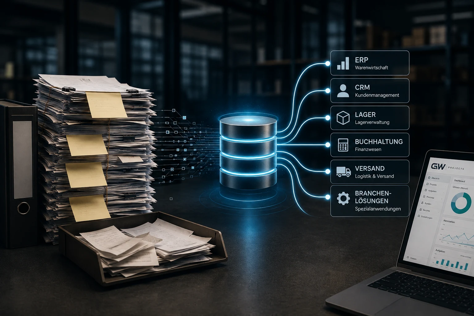 Papierstapel und Ablage links, daraus fließen Daten in eine zentrale Datenbank, die mit ERP, CRM, Lager, Buchhaltung, Versand und Branchenlösungen verbunden ist
