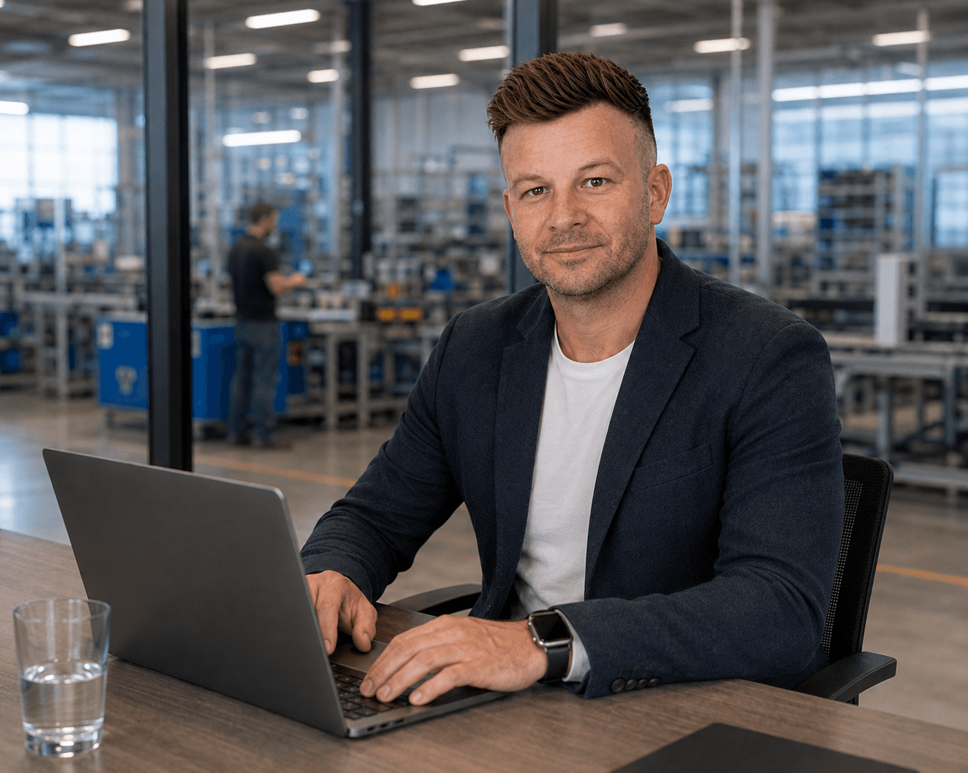 Andreas Wurzer am Schreibtisch mit Laptop, dahinter die Produktionshalle